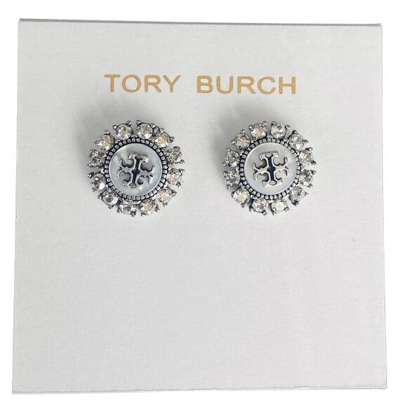 Tory Burch Kira SILVER Crystal & Pearl Stud Earrings - Picture 1 of 1